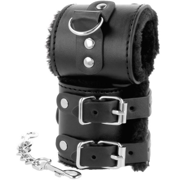 DARKNESS - BLACK ADJUSTABLE LEATHER HANDCUFFS WITH LINING - Image 2