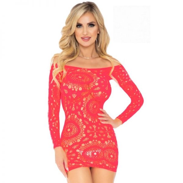 LEG AVENUE - CROCHET LACE LONG SLEEVE MINI DRESS CORAL ONE SIZE