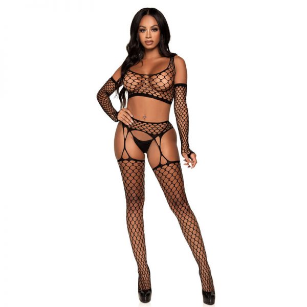 LEG AVENUE THREE PIECES SET CROP TOP, STOCKINGS & GLOVES ONE SIZE - Image 4