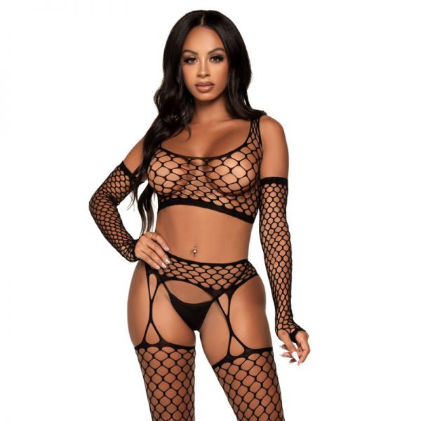 LEG AVENUE THREE PIECES SET CROP TOP, STOCKINGS & GLOVES ONE SIZE