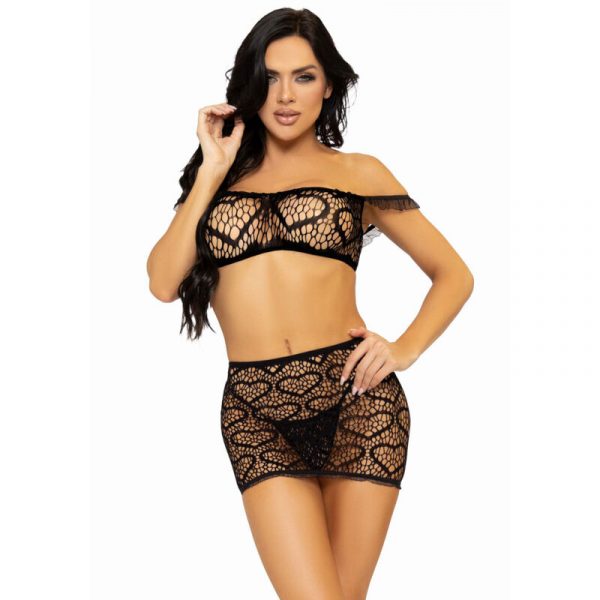 LEG AVENUE - THREE PIECES SET TOP, MINI SKIRT & STRING ONE SIZE - BLACK