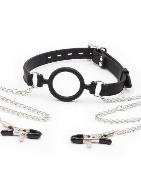 OHMAMA FETISH - RING GAG WITH CHAINS AND NIPPLE CLAMPS