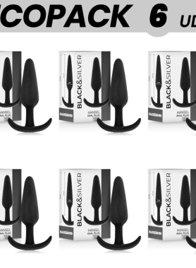 ECOPACK 6 UNITS - BLACK&SILVER HANSEL SILICONE ANAL PLUG WITH SMALL HANDLE