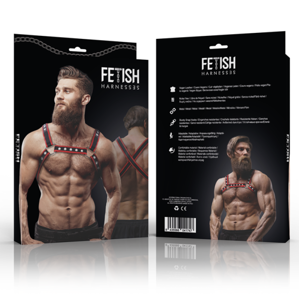 FETISH SUBMISSIVE ATTITUDE - MEN'S ECO-LEATHER CHEST BULLDOG HARNESS BLACK/RED - Image 4