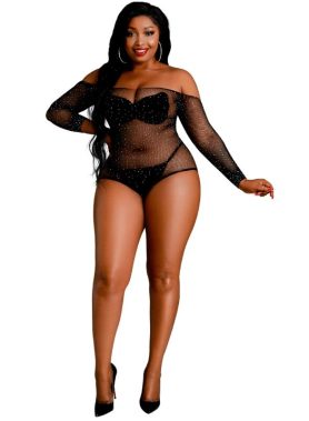 MOONLIGHT - MODEL 9 LONG SLEEVE BODYSUIT BRIGHT BLACK PLUS SIZE