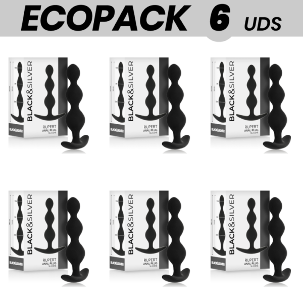 ECOPACK 6 UNITS - BLACK&SILVER RUPERT ANAL BALL CHAIN 10 CM