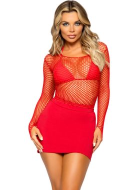 LEG AVENUE - FISHNET LONG SLEEVE T-SHIRT RED