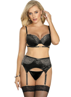 SUBBLIME - SET OF 3 PIECES BRA + THONG + LACE GARTER BLACK S/M