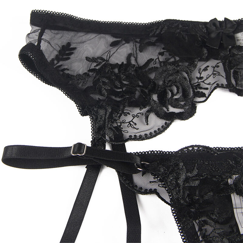 SUBBLIME - SET OF 3 PIECES BRA + THONG + GARTER FLORAL PRINT BLACK S/M - Image 9