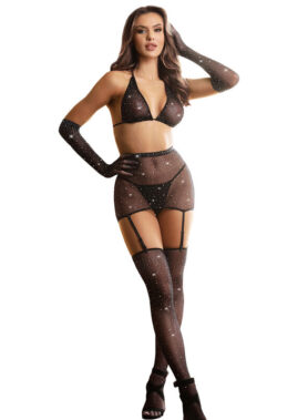 SUBBLIME - 952174 FISHNET BODYSTOCKING WITH GLOVES AND DIAMONDS BLACK ONE SIZE