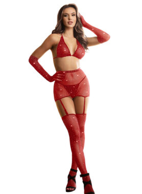 SUBBLIME - 952181 FISHNET BODYSTOCKING WITH GLOVES AND DIAMONDS RED ONE SIZE
