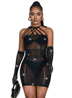 SUBBLIME - 952235 FISHNET DRESS WITH RHINESTONES BLACK ONE SIZE
