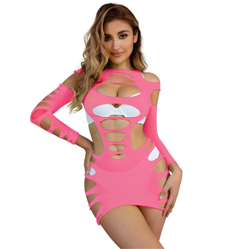 SUBBLIME - 952273 LONG SLEEVE ELASTIC FISHNET DRESS PINK ONE SIZE - Image 6