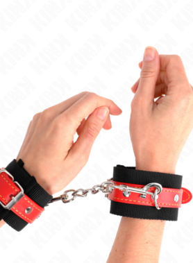 KINK - NYLON WRIST RESTRAINTS BLACK WITH LEATHERETTE RED ADJUSTABLE 19-24 CM X 5.5 CM
