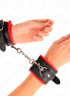 KINK - PREMIUM FUR LINED WRIST RESTRAINTS RED WITH BLACK BELT ADJUSTABLE 17-29 CM X 6 CM