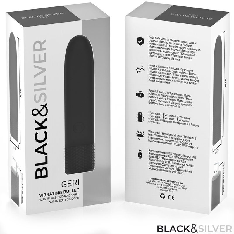 BLACK & SILVER - GERI USB RECHARGEABLE VIBRATING BULLET 8 VIBRATIONS BLACK 10 X 2.2 CM - Image 7