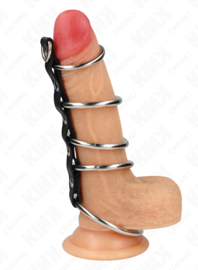 KINK - 5 METAL PENIS RINGS 3.2 CM TO 5 CM CONNECTED BY LEATHER