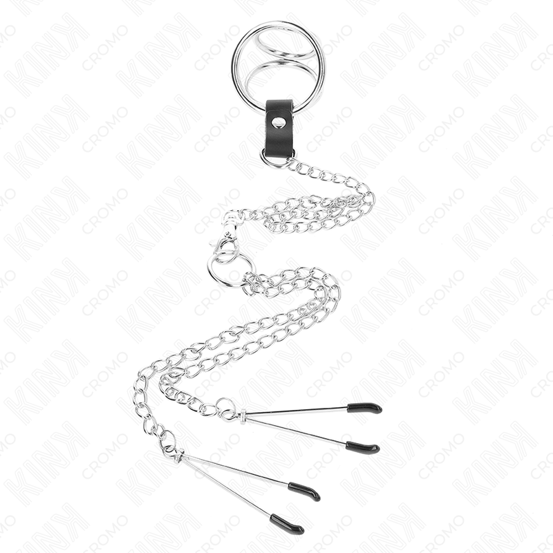 KINK - TRIPLE CHROME METAL PENIS RING 3.8 CM TO 5 CM WITH 26 CM METAL CHAIN AND NIPPLE CLAMPS MODEL 2 - Image 3