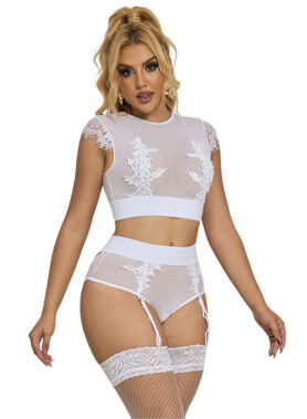 SUBBLIME - 954048 BRA + PANTIES WITH GARTER BELT WHITE L/XL