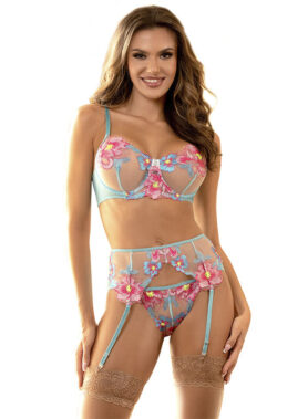 SUBBLIME - 954116 BRA + PANTIES WITH GARTER BELT FLORAL DESIGN BLUE L/XL