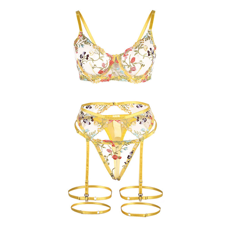SUBBLIME - 954352 BRA + THONG + GARTER BELT FLORAL DESIGN YELLOW L/XL - Image 6