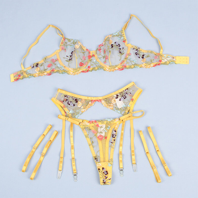 SUBBLIME - 954352 BRA + THONG + GARTER BELT FLORAL DESIGN YELLOW L/XL - Image 7