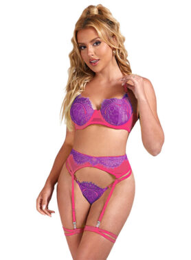 SUBBLIME - 955359 SET OF BRA WITH LACE AND GARTER LINKS PINK AND PURPLE S/M