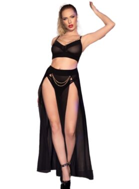 CHILIROSE - CR 4672 BLACK TOP SKIRT AND THONG WITH GOLDEN CHAINS L