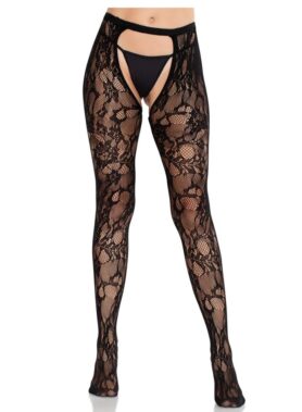 LEG AVENUE - ROSE LACE STOCKINGS WITH OPEN BACK BLACK