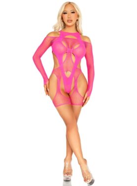 LEG AVENUE - FISHNET BODYSTOCKING WITH GARTER BELT AND HARNESS NEON PINK