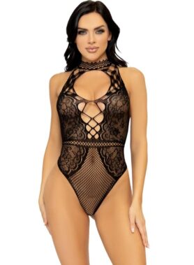 LEG AVENUE - NET AND LACE KEYHOLE HALTER BODYSUIT ONE SIZE