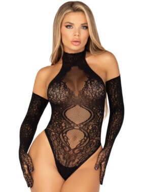 LEG AVENUE - 89363 OPEN BACK BODYSUIT + EXTRA LONG GLOVES SET - ONE SIZE