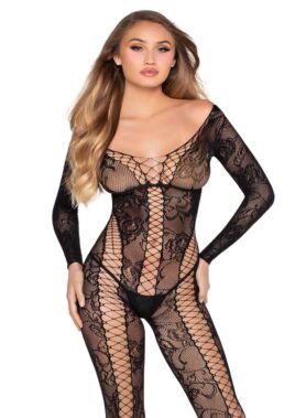 LEG AVENUE - 89369 NET & LACE JUMPSUIT BLACK - ONE SIZE
